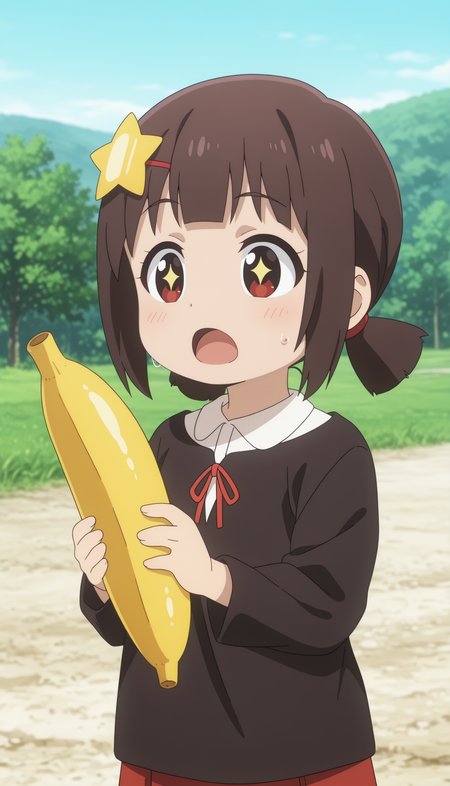 1girl, girl, komekko, shorty, child girl, holds a banana in hand, sweat, looks with admiration, stars in eyes, open mouth, looking at a banana,   cowboy shot, outdoors,   <lora:Megumin_komekko_yuiyui_yunyun_kazuma-PDXL_illustrious_v5:1>