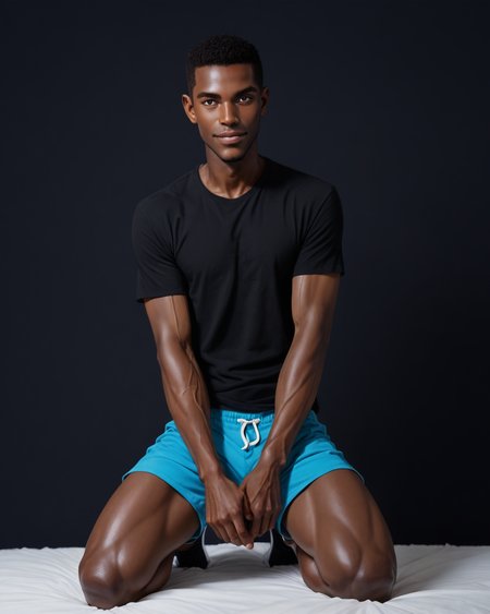 score_9, score_8_up, score_7_up, score_6_up, score_5_up, score_4_up, rating_questionable, 
<lora:Jabstyle_AMXLV1:1>,Jabstyle,
intricately detailed, photo studio with black backdrop, black background,
1boy(human, glistening skin, handsome, sexy, seductive, posing, looking at the viewer, friendly expression, kneeling,
black skin, african, 
bodybuilder, 
loose t-shirt, shorts),
depth of field, 
<lora:xl_more_art-full_v1:0.4>,
<lora:add-detail-xl:0.4>