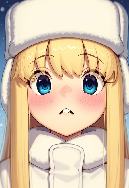 boa, digital illustration, charact portrait, depth of field, pastel coloring(medium),
blonde hair, very long hair, blushing, face focus, buck teeth, looking at viewer, ushanka, mittens, winter coat