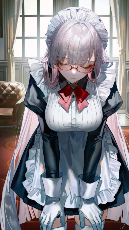 (artist:onineko:0.826446),artist:hito komoru,(artist:quasarcake:1.1),(artist:reoen:0.826446),artist:machi,(7769:1.21),
1girl, cowboy shot,<lora:Gneisenau_Illu_Dwnsty:0.8>, gneise_def, blue eyes, light purple hair, very long hair, blunt bangs, glasses, red-framed eyewear, semi-rimless eyewear, maid headdress, maid apron, black dress, juliet sleeves, white thighhighs, white gloves, elbow gloves, 
indoors, living room, window, carpet, couch, curtains, leaning forward, apologizing, closed eyes, bow, head down, straight-on, hands on own legs,
looking at viewer,  masterpiece, best quality, very aesthetic, highres, absurdres, sensitive