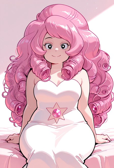 masterpiece, best quality, very aesthetic, absurdres, 1girl, solo, Rose_quartz, long hair, pink hair, curly hair, black eyes, white dress, gem on belly, smiling, sitting, (hands behind body:1.3), hands offscreen,
<lora:Smooth_Booster:0.25>,  <lora:Rose_Quartz_SU__Illustrious:1>,   <lora:HerrscherAGGA2025_COLIG_ST-IL_V2:1>