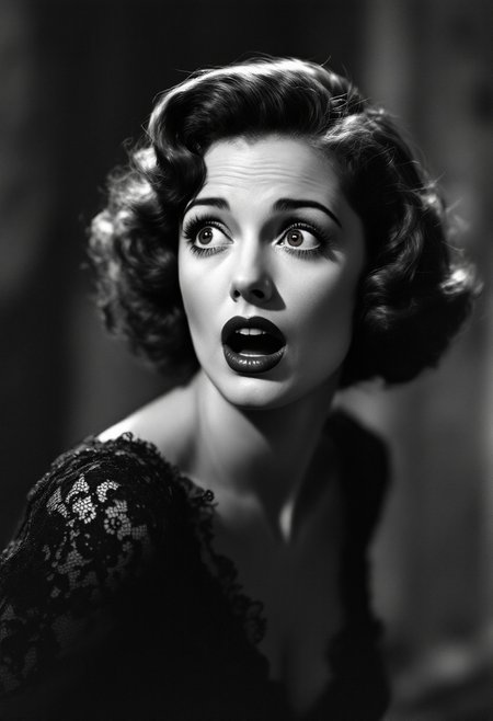 1930s housewife, gorgeous face, petit, black lace dress, hollywood lighting, black and white. Mouth wide open in shock. Shocked gaze. Dynamic shot, looking off camera.