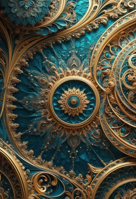 photo of a paisley pattern, boteh, paisley, teal blue, gleaming gold foil, almond, entwined paislies, official art, aesthetic, dynamic angle, hyper detailed, order and chaos, vibrant colors, high contrast, (extremely detailed, intricate details, masterpiece, best quality, 8k wallpaper:1.4), dramatic lighting, (dark teal and brilliant gold palette:1.2), twisting paisley