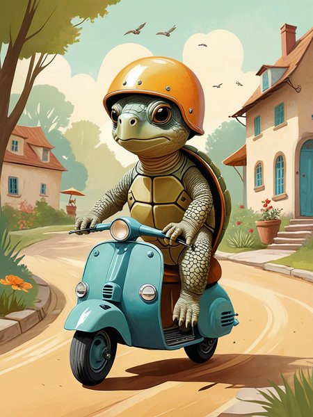 turtle riding vintage scooter with wearing helmet , illustration