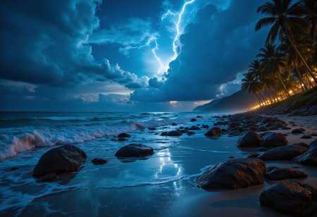 Tropical beach, windy, incoming storm, eerire, fog over the ocean, eerie, ominous, approaching storm, lightning, at night, sci-fi, colorful, glowing, moonlight, moonligjt reflecting off the water, lightning illuminating the sky and clouds, hyper-realistic, no man made lights, 