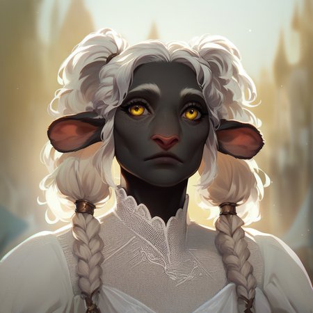 (((beautiful, high quality))), score_9, score_8_up, score_7_up, Firbolg, furry, big nose, big nose, animal ears, 1girl, black skin, white hair, yellow eyes, white lace blouse, pigtails, fantasy background, blurred background,