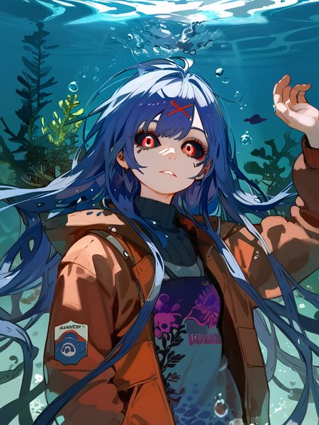 PDXL, <lora:KukkaV2:1>, kukk4, volumetric reflections, volumetric shadows, HDR, shot on Canon DSLR,
1girl, cute face, detailed eyes, very long blue hair, black sclera, red eyes, swimming underwater
