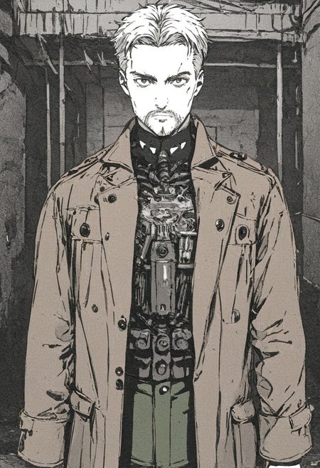 score_9, score_8_up, score_7_up, (solo man), Reiner Braun, blond hair, short hair, stubble, facial hair, hazel eyes, ((full body)), (in dark alley, neon signs, cyberpunk city), looking at viewer, masculine, handsome, charming, alluring, slight smile, perfect eyes, (white collared shirt, military green pants), ((widely open brown trench coat, long sleeves)), perfect anatomy, perfect proportions, perfecteyes, insignia on chest, black and white manga panel
