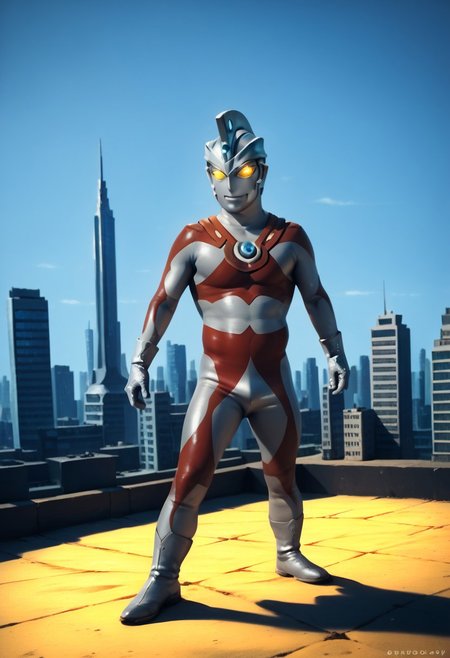 score_9, score_8_up, score_7_up, score_6_up, score_5_up, score_4_up, male focus, photo realistic, solo,1boy,cowboy shot,4K, best quality, no human, ultraman ace, one hole in the headdress, no face, standing, Tokyo cityscape, half the height of a skyscraper, giant,  silver glove and boots, standing, silver helmet, no eyes, no nose, no mouth, yellow glowing eyes, gloves, silver rubber bodysuit with red line, giant, normal body type, Photography, stvmccrr style, stvmccrr