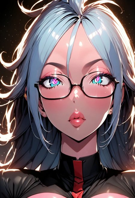 (masterpiece), (best quality), (ultra-detailed), 
1girl, solo, android 21 merged with Bulma,  gorgeous lips, an elegant face, pink skin, blue hair, long hair, spectacles,
light particle, particle, shadow,  
detailed lips , black detailed pupils, puffy lips, wide lips thick lips, big lips, large lips, parted clothes