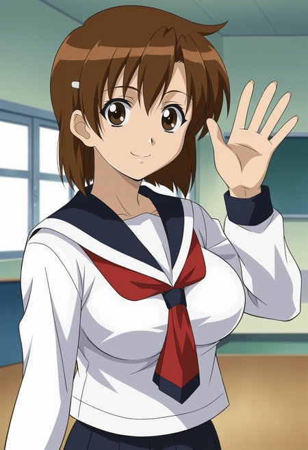 <lora:Kirie_Kojima-Girls_Bravo_r1:0.8>,1girl,solo,Kirie Kojima,brown hair,short hair,brown eyes,hairclip,large breasts,anime coloring,school uniform,serafuku,waving,looking at viewer, cowboy shot, indoors,smile
