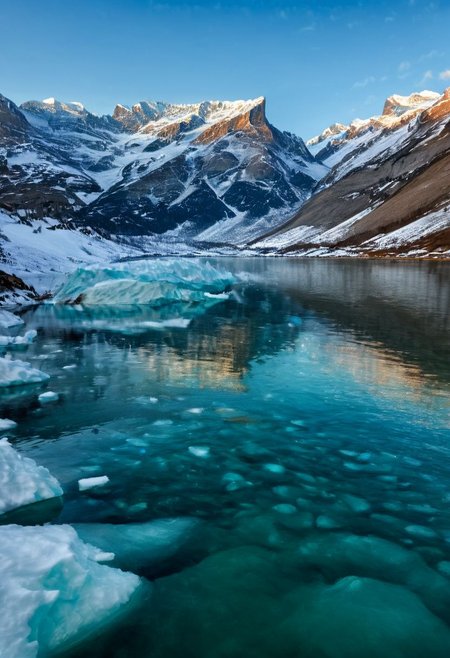 mountains are reflected in the water of a lake surrounded by snow, shutterstock, toronto, [[fantasy]], hdr smooth, icebergs in the background, intricate  , by Richard Carline, vibrant light, shiny skin 