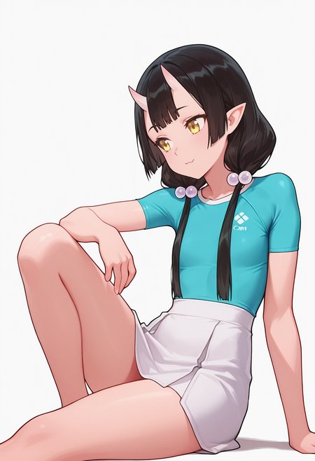 Smooth Quality,masterpiece,very intricate, high quality details, ultra realistic, high detailed skin,detailed enviorement,absurdres,
beckoning,solo,
 <lora:Care_Resumisu_CNR:0.8> care_cnr, 1girl,black hair, pointy ears, long hair, yellow eyes, oni, low twintails, skin-covered horns, bobbles,, simple background, white background, from side,
reclining, one leg over other, arm on backrest, calm, composed,  ,, t-shirt, ,rash guard,  ,high-waist skirt,  ,, x3,