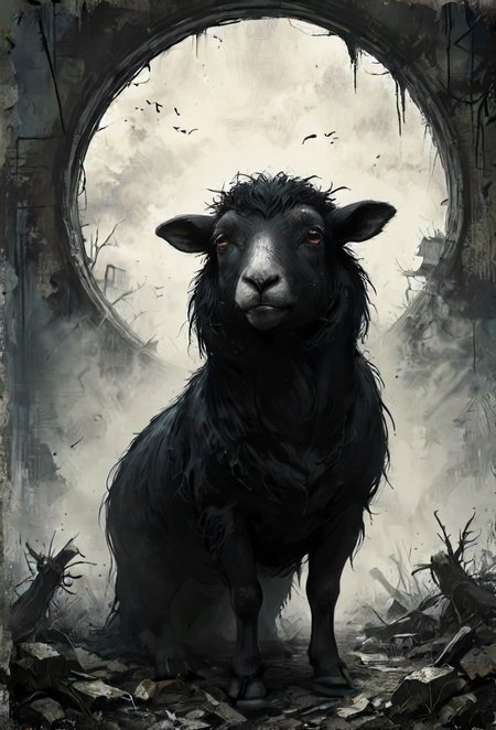A black sheep, singing the words of the condemned, no one could hear or comprehend,,  <lora:SDXL - Style - Desolation:0.4> <lora:SDXL - Style - Dark_Anime:0.4>