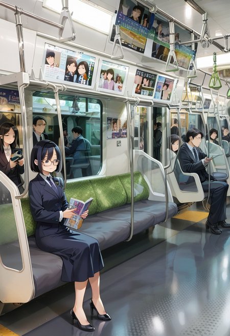 score_9, score_8_up, score_7_up, rating_safe, masterpiece, best quality, absurdres, unity 8k wallpaper, official art, official style, source_anime, game cg, megami magazine,  glasses,
e235, train interior, black hair, multiple boys, multiple girls, sitting, black footwear, formal, suit, bag, 6+boys, phone, short hair, cellphone, reading, holding, holding phone, dress, hat, smartphone, seat, pants, jacket, shoes, long sleeves, 1girl, necktie, black dress, closed eyes, high heels, glasses, skirt, 2girls, smile, solo focus, shirt, poster (object), 
<lora:E235_PONY_V1:1>