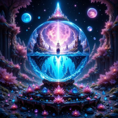 bo-exposure, pinketherealmj, a crystal ball showing A beautiful magical ocean inside, with a fleet of fantasy style  mini viking ships. The crystal ball is floating inside a colorful cosmic storm on space, magical glow, internal glow, magic, fantasy, glowing, colorful,