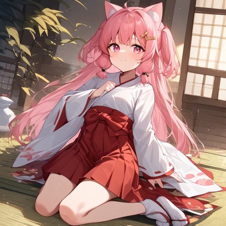 Aomokoka Style,nochekaisershot,
1girl,japanese clothes, hairclip, wide sleeves, ribbon trim, long sleeves, hakama skirt, miko, sleeves past wrists, red hakama, white kimono, tabi, ribbon-trimmed sleeves, pinching sleeves,yuika3,cat ears,Expressiveh,nochekaisershot,pink hair,solo,pink eyes