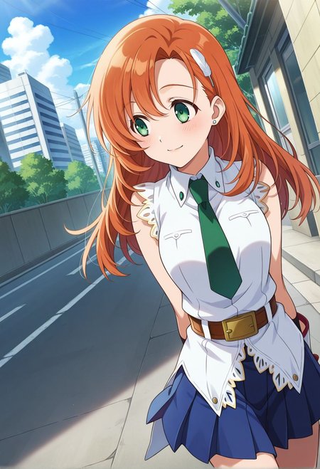 detailed eyes, beautiful, detailed background, perfect eyes,
source_anime, very aesthetic, anime coloring, masterpiece, official art,
<lora:HandFineTuning_XL:1>
BREAK,
japanese street, cityscape, 
walking, looking away, light smile, 
cowboy shot, blush, 
dynamic angle,  hands behind back,
BREAK,
<lora:cliana_illustrious_v02:0.9>
clianaDef, orange hair, green eyes, long hair, feather hairpin, 
white shirt, sleeveless, fingerless gloves, green necktie, laces, hairpin, pleated skirt, blue skirt, belt, buckle, 
black socks, white boots,