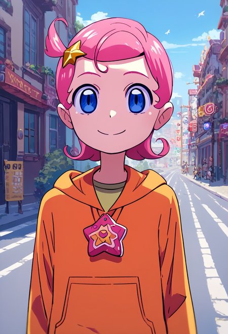 score_9, score_8_up, score_7_up,source_anime,street view, city view,komettosan, female, head star accessory, pink hair, short hair, blue eyes, pendant, orange hoodie, miniskirt,smile