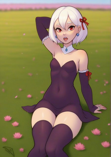 1girl,zPDXL3,arm behind head, arm up, bare shoulders, breasts, covered navel, detached sleeves, dress, earrings, field, flower, flower field, hair between eyes, hair ribbon, jewelry, looking at viewer, lotus, open mouth, petals, purple dress, purple thighhighs, red eyes, ribbon, ring, short hair, sitting, small breasts, solo, thighhighs, thighs, white hair<lora:ZOObastik:1>