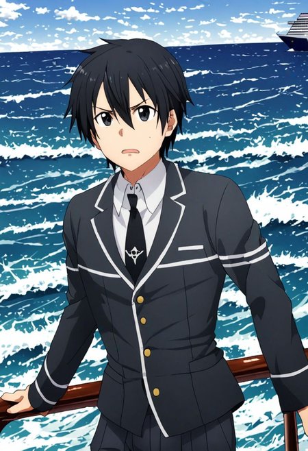 high resolution, solo, best quality, 1Boy, Kazuto Kirigaya, Black Hair, Black Eyes, sea, bow cruise ship, stong wind, ocean, OverallDetail