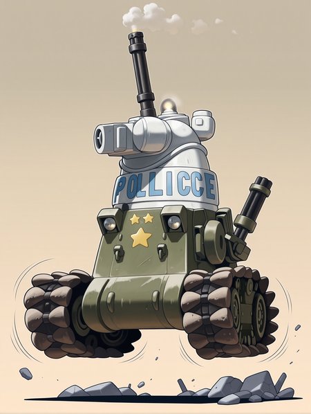 masterpiece,best quality,newest,
<lora:Fixhands_anime_bdsqlsz_V1:1>,<lora:IL_bonaparte_tank:1>,d_bn,bonaparte /(tank/),turret,cannon,minigun,smoke projector,left-air intake,star \(symbol\),police,emblem,caterpillar tracks,((motion_lines:1.2)),rubble_ruins,simple_background,no human,from_side,jumping,