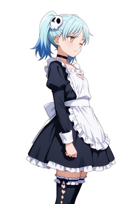 masterpiece,high quality details, absurdres,
 <lora:Izutsumi_Marín:0.8>
izutsumi_cnr, 1girl, blue hair,yellow eyes, multicolored hair,  skull hair ornament, twintails, black choker,ear piercing,, simple background, white background, from side,solo,, frown,wince,, + +,, ultra realistic, high detailed skin,, maid apron,heart cutout,frilled thighhighs,  ,spiked legwear,
