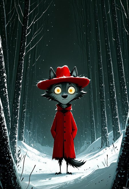 wolf, dark, glowing yellow eyes, small girl, red coat, red hat, textured fur, snowy forest background, stark contrasts, tim burton style, dark whimsical, detailed