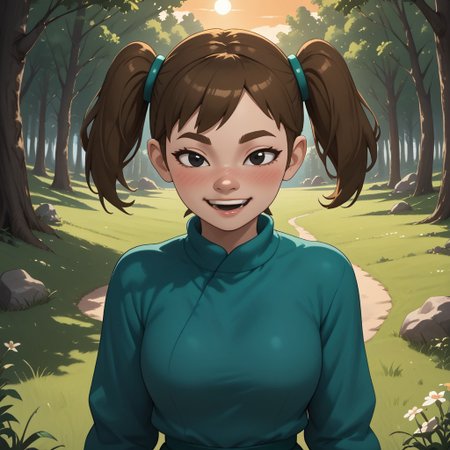 score_9, score_8, BREAK, solo, Mii, Wii, Black Eyes, Half circle eyebrows, big nose, half circle nose, blush, white skin, open mouth, green-ish brown hair, twintails, dark green clothing, 1girl, female mii, Wii Sports Resort, black pants, shoes, cute, medium breasts, Midori_(\Wii_Sports_Resort\), teeth, Nintendo Mii, modern_mii, classic_mii, sexy pose, self portrait, smile, outdoors, sunlight, shadows, evening lighting, natural lighting, forest, trees, grass, orange sky, sunset