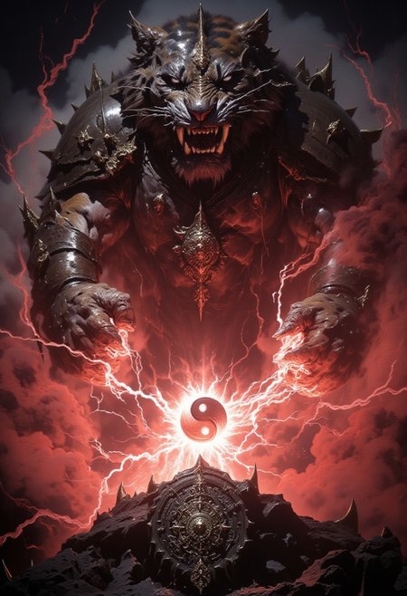 very dark focused flash photo, amazing quality, masterpiece, best quality, hyper detailed, ultra detailed, UHD, perfect anatomy, portrait, dof, hyper-realism, majestic, awesome, inspiring. Capture the fierce tiger master, swirling fierce red lightning energies, glowing yin yang symbols between the tiger's hands, in battle with ancient artifacts and ethereal light. Cinematic composition, soft shadows, National Geographic style.<lora:dark_fantasy_flux:0.83> <lora:FredFraiStyle-FLUX-Share:0.63> <lora:sxz-Dark-Fantasy-v2-Flux:0.33> drkfnts style,