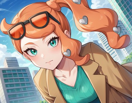 score_9, score_8_up, score_7_up, source_anime,
pokemonsonia, <lora:pokemon-sonia-ponyxl-lora-nochekaiser:1>
pokemonsonia, aqua eyes, heart, heart hair ornament, long hair, long sleeves, orange hair, side ponytail, swept bangs,
aqua footwear, aqua nails, aqua shirt, brown coat, brown jacket, coat, collarbone, eyewear on head, jacket, long sleeves, orange-tinted eyewear, pants, ribbed shirt, shirt, sunglasses, tinted eyewear,
outdoors, cityscape, bent over,
looking at viewer, cowboy shot, dutch angle,