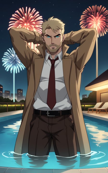 score_9, score_8_up, score_7_up, looking at viewer,  BREAK
DCAU_JL_JohnConstantine_ownwaifu, 
1boy, blonde hair, blue eyes, male focus, short hair, facial hair, mustache, 
red necktie, trench coat, white shirt, collared shirt, open coat, brown coat, belt, pants, coat, long sleeves, beard, brown jacket, formal, brown pants, popped collar, black belt, long coat
(contrapposto, arms behind head, aerial fireworks), wading, neon_lights, cityscape, night, pool, full moon, outdoors, <lora:PONYXL_DCAU_JL_JohnConstantine_ownwaifu:0.9> , depth of field, solo, Interesting Image, Captivating Image,