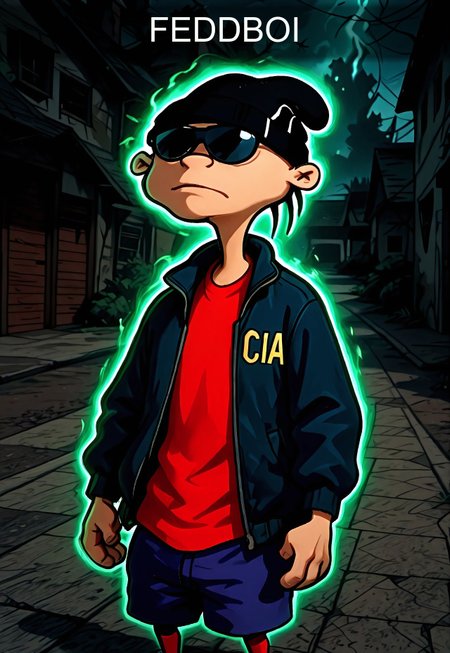Masterpiece, absurdres, very aesthetic, best quality, highly detailed, newest, 8k, 1boy, solo, eddboi, sockhead, smooth black beanie, red shirt, blue shorts, sunglasses, cia jacket, green aura, glowing, houses in the background, detailed background,