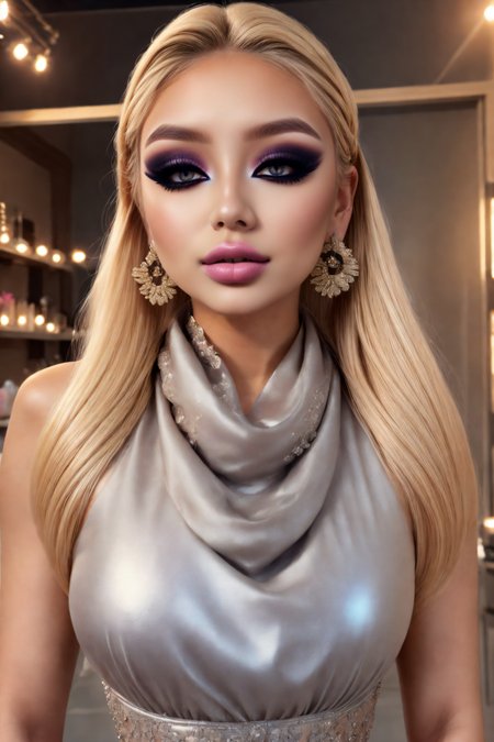 Photographing fashion items Fashion editorial style Quality: (edgQuality:1.2), (8k, best quality, RAW photo, realistic, intricate details, ultra high res, photorealistic, masterpiece, extremely detailed, cinematic light, Unreal Engine:1.4), (ultra realistic 8k cg, uhd, sharp focus, digital art:1.0), BREAK
Subject: ((Japanese woman:1.2), (bimbo, big ass, big tits, big lips:1.3), (stunning makeup, lipgloss:1.5), (Maple Sugar Blonde one side up:1.3), fFaceDetail, SkinDetail, HairDetail, EyeDetail, fHandDetail, <lora:western_bimbo_v1.0:0.5>, <lora:eyelashes_slider_v3:1>, <lora:eyeliner_v1:1>, <lora:glam style makeup:0.5>, <lora:BimboMakeup_v1:0.5>,  <lora:n15g_aio_hairstyles-1.0:0.5>, (tanned skin, detailed hair, smooth skin, oiled skin, shiny skin, young:1.4), BREAK
Outfit: See-through Pearlescent (idol dress, big earrings, silk scarf:1.5), <lora:n15g_aio_clothing-1.0:0.5>, BREAK
Place: working in a brothel, BREAK
<lora:add_detail:0.5>, <lora:more_details:0.3>, Back view From below   . High fashion, trendy, stylish, editorial, magazine style, professional, highly detailed, often for advertising, magazines, or brand promotion.