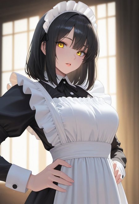 1girl, maid, black hair, medium hair, masterpiece, yellow eyes, kitsune, parted lips, looking at viewer, maid outfit, indoor, hands on hips, volumetric lighting, portrait, upper body,