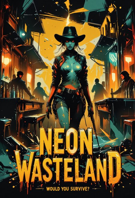 Vibrant, stylized poster with a cyberpunk-meets-western aesthetic of a young cowgirl with delicate features enters a rustic Wild West saloon with a self-confident demeanor that commands the room. Her piercing eyes and a knowing smirk captivate and intimidate in equal measure.  The Cowgirl is a young woman that wears accurate 19th-century cowgirl attire: a fitted, dark leather jacket with intricate stitching, a wide-brimmed cowboy hat casting a dramatic shadow over her striking features, a long skirt with rugged boots that hint at her life on the frontier, and a gun belt across her upper body. She holds a bright glowing, flame-like lightsaber, which she drags behind her, that leaves burn marks on the ground. In the other hand she holds a western revolver. The saloon's wooden doors swing open behind her, framing her figure against the golden glow of a dusty sunset.   Inside, the dimly lit saloon is filled with details: rough-hewn wooden beams, a poker table, a bar with whisky bottles, an upright piano, and wary onlookers in silhouette or partial detail. The image captures a cinematic film style, with dramatic lighting and rich textures emphasizing her impressive feminine features and aura of quiet power. Dust motes float in the air, completing the atmospheric, artistically valuable scene. The artistic style combines painterly strokes with graphic novel influences, using dramatic contrasts and splashes of glowing neon colors to create a dynamic, otherworldly mood. This image effectively conveys a narrative of living in a post-apocalyptic, lawless world.  The lower part of the poster prominently displays the title "Neon Wasteland". Beneath the title is the tagline "Would you survive?".