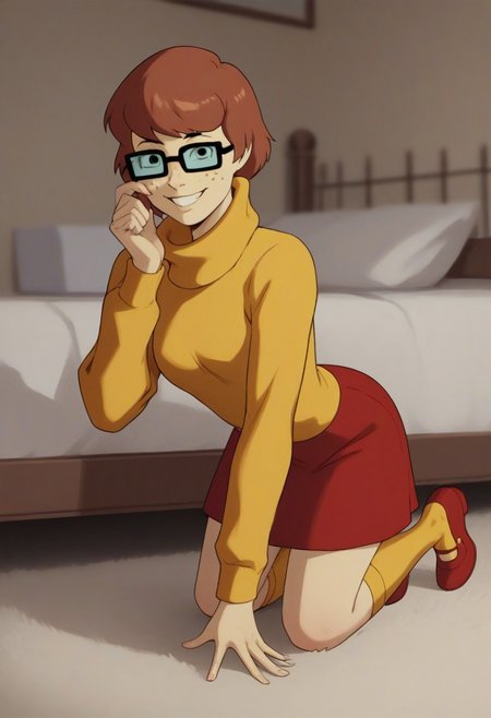 score_9_up, score_8_up, score_7_up, score_6_up,  short hair, brown hair, square rim glasses,  brown freckles, slim waist, turtleneck sweater, yellow turtleneck, baggy turtleneck, red skirt, yellow knee socks, red mary jane shoes, smiling, looking at viewer, bedroom, crawling towards viewer, on all fours, seductive, teasing, flirting, smile, grin,