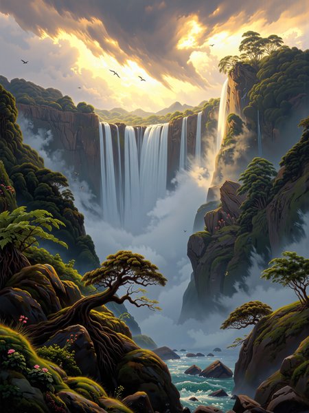 famous artwork, masterful use of light and shadow, masterful composition following the rule of thirds, chiaroscuro, dappled sunlight, romanticism oil painting of the awe-inspiring iguazu falls in the style of caspar david friedrich, an immense cascade of water thundering down into the mist-shrouded depths below, a breathtaking vision of unrestrained natural power, the composition is grand and dramatic, capturing the sheer scale of the falls as they carve through the lush, untamed rainforest, towering cliffs covered in verdant foliage frame the scene, their rugged, weathered surfaces bathed in soft golden light, the turbulent waters crash against the jagged rocks below, sending plumes of mist rising into the air, where they catch the sunlight in dazzling, prismatic hues, the background features a vast, cloud-filled sky, a mixture of warm and cool tones as the light of the late afternoon sun filters through billowing storm clouds, shafts of sunlight break through, illuminating pockets of the dense jungle and highlighting the intricate textures of the cascading water, the rainforest is rich and vibrant, filled with dense vegetation, massive ferns, and ancient trees stretching toward the sky, the foliage is painted with masterful, expressive brushstrokes, evoking the untamed spirit of the wilderness, in the foreground, a twisted tree with gnarled roots clings to the rocky precipice, its dark silhouette standing against the brilliance of the falls, the river below swirls with movement, its deep emerald and turquoise waters reflecting the ever-changing sky, small details like birds soaring through the mist and delicate wildflowers growing between the rocks add life and realism to the composition, evoking a sense of awe and wonder, painted with rich, dynamic brushwork, the textures of water, stone, and foliage blend seamlessly, every detail capturing the grandeur and emotional intensity of the scene, deep, dramatic contrasts between light and shadow heighten the sense of depth and scale, conveying both the beauty and raw power of iguazu falls in a truly sublime and timeless artistic vision, a masterful work of romanticism that immerses the viewer in natureâs overwhelming majesty, ovg, style of clyde caldwell, aidmamj6.1, <lora:midjourney_61-v0.5-flux-by_aidma:0.8> <lora:style-caspar_david_friedrich-flux-by_tiberiana:0.88> <lora:style-clyde_caldwell-flux-by_tangbohu:0.16>