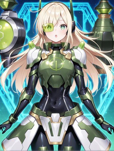 green power armor,sky striker ace - hayate,mecha musume,official alternate costume,solo,green headgear,black bodysuit,green armored gloves,green breastplate,green tinted eyewear,green mechanical backpack,one eye covered,1girl,open mouth,blue honeycomb \(pattern\),:o,facing viewer,
masterpiece,best quality,amazing quality,very aesthetic,absurdres,newest,<lora:Sky striker ace - Raye illusXL v1:0.85>,