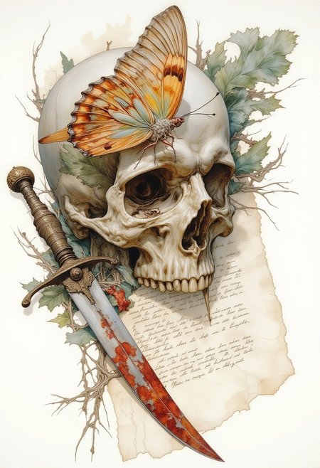 score_9, score_8_up, score_7_up, 8k high quality digital painting, masterpiece, very detailed, ultra realistic, (best quality) very detailed epic masterpiece, we see a skull on which a colorful butterfly sits, next to it lies a handwritten letter and a blood-stained dagger, watercolor, water colors, the edges blend into the white of the paper, realistic, realism, full body