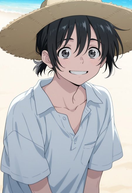 masterpiece,best quality,amazing quality, source_anime, 
MioChibana, 1boy, male focus, solo, black eyes, black hair, short ponytail, straw hat. smile, happy, beach, white shirt,