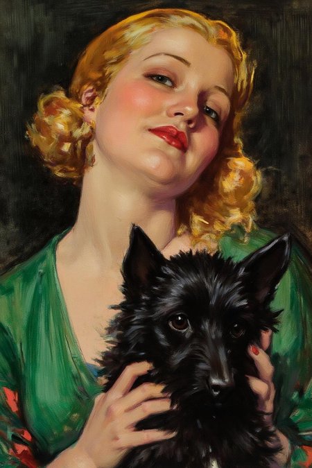howardchandlerchristy1 illustration.
Closeup of a woman with wavy blonde hair, wearing a green garment with a hint of red, holds a small black terrier dog with her hand on the dog's head. She is turning her head slightly to look at the viewer. The background is dark and textured.
 <lora:howardchandlerchristy1_d8a4e11:1.0><lora:865840648803115485:0>