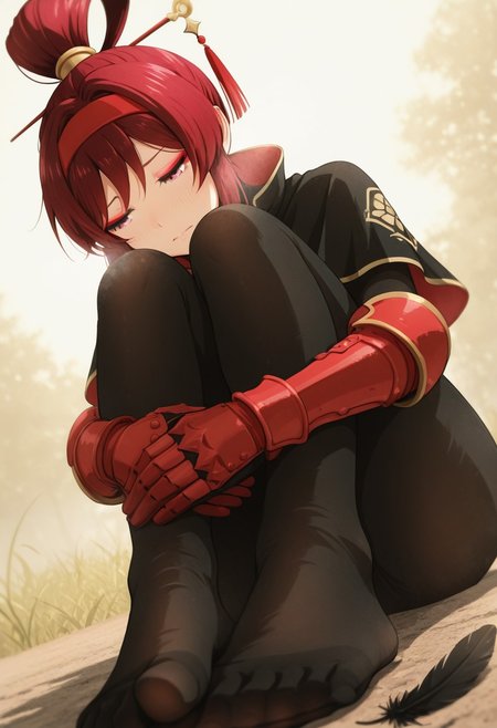 asou ,outdoors, undershirt, falling feathers, black bodysuit, hair stick, hugging own legs, , gauntlets,   eyeshadow,   red gloves,  high ponytail,  , black capelet, red hairband, pink eyes, 1girl, solo, feet, visible breath,   dynamic angle, foreshortening, smell, steam,