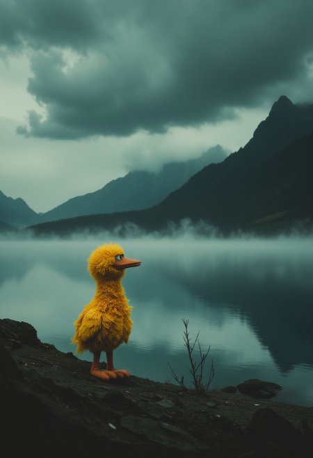 The image is a melancholic photograph of a misty landscape, where the sky is shrouded in dark, brooding clouds that cast a heavy atmosphere over the scene. A large, still body of water stretches across the foreground, reflecting the dull greys of the overcast sky, while distant mountains fade into the mist, their jagged peaks barely visible. On the left side of the image stands a large yellow bird puppet, but its once cheerful, fluffy appearance contrasts sharply with its current mood. The puppet gazes blankly into the distance, its vibrant yellow feathers now dim under the oppressive clouds. Its beak is slightly open, as if lost in a moment of existential questioning, wondering about the meaning of its very existence in this desolate, bleak world. The dark clouds swirl above as if they too are burdened by the weight of uncertainty, adding a sense of impending dread to the scene.