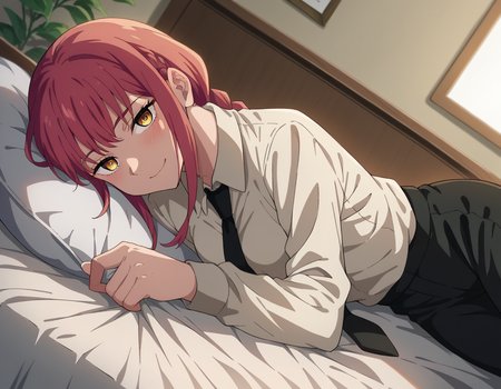 score_9, score_8_up, score_7_up, source_anime,
makima, <lora:chainsaw-man-makima-s1-ponyxl-lora-nochekaiser:1>
makima, long hair, smile, bangs, yellow eyes, braid, red hair, braided ponytail, ringed eyes,
shirt, long sleeves, white shirt, necktie, collared shirt, pants, black pants, formal, suit, black necktie, shirt tucked in, office lady,
indoors, bed, bed room, on side, blush, drunk,
looking at viewer, cowboy shot, dutch angle,
