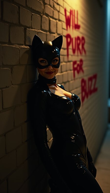 A woman in a Catwoman costume resting her back in a brick wall,in a dim light alley, looking at the camnera with a cheeky smile, on the wall spray painted in red "Will  Purr for Buzz".