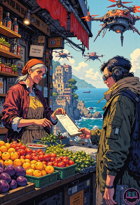 A digital illustration of an elderly shopkeeper tending to a fruit and vegetable stall in a bustling cyberpunk market set in a seaside town inspired by Cinque Terre. a colorful drone-delivery bot zips around overhead. The market is vibrant with holographic displays advertising fresh produce, and the shopkeeper's warm smile contrasts with the high-tech surroundings. The scene exudes charm and a sense of community.
