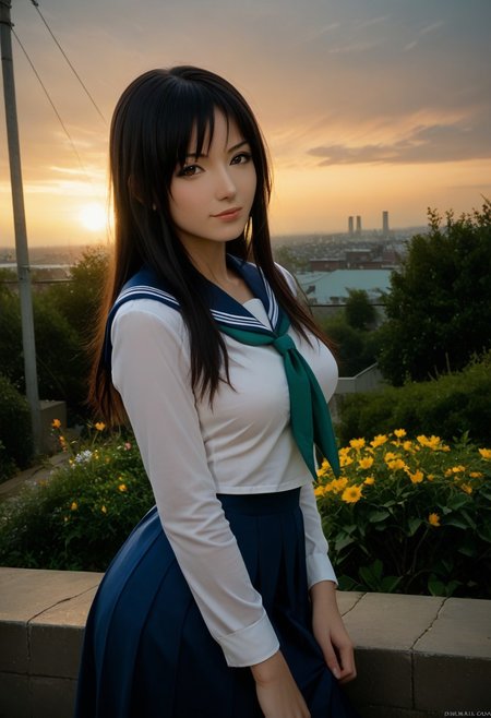 score_9, score_8_up, score_7_up, score_6_up, 
photo, 2000s nostalgia, cinematic, AdrianoStyle, pawg, pawg1, flowers background, god rays, (1girl, wakoto,black hair,long hair,brown eyes, lips, school uniform, serafuku, white shirt, long sleeves, blue sailor collar, blue long skirt, green neckerchief, large breasts),
upper body, face focus, dynamic angle,cinematic angle,dutch angle,looking at viewer,standing split, leg up,rooftop,fence,sunset,, masterpiece,best quality, very aesthetic, absurdres, ultra detailed, high resolution, 4k, extremely detailed CG,Expressiveh