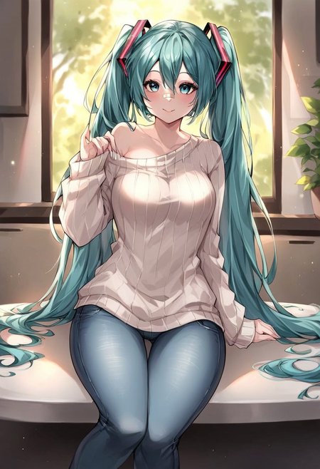 score_9, score_8_up, score_7_up, source_furry, solo, beautiful Hatsune Miku, (medium breasts, medium hips), oversized sweater, jeans, bandaid over nose, sitting on a table, in a kitchen, (detailed image, high resolution, 5k resolution:1.0), VikingStyle, easynegative, negative_hand