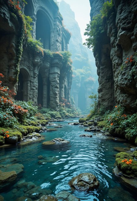 extreme quality, cg, photorealistic, (bright colors:0.9), light, elemental, water magic, blue, water, magical, righteous, (outdoors), masterpiece, 8k, (tone mapping, hyper focus:0.5), limited palette, (dappled sunlight:0.7), reflective surface, orange, wholesome, (varied depth of field:0.8), complimentary colors, particle dust, green embers, (ancient), (pyramid:0.7), flood, (vegetation), plants, (destiny 2:1.25), (no humans:1.5), (neon cyber technology:1.27), (architecture:0.8), magical, ruins, (catacomb:0.7), ripples, granite, detailed texture, flower, marble, vine